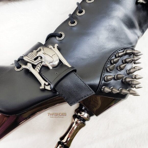 Muerto Goth Punk Bone Heel Spiked Skull Buckle Knee Boots RESTOCKED - Picture 9 of 15